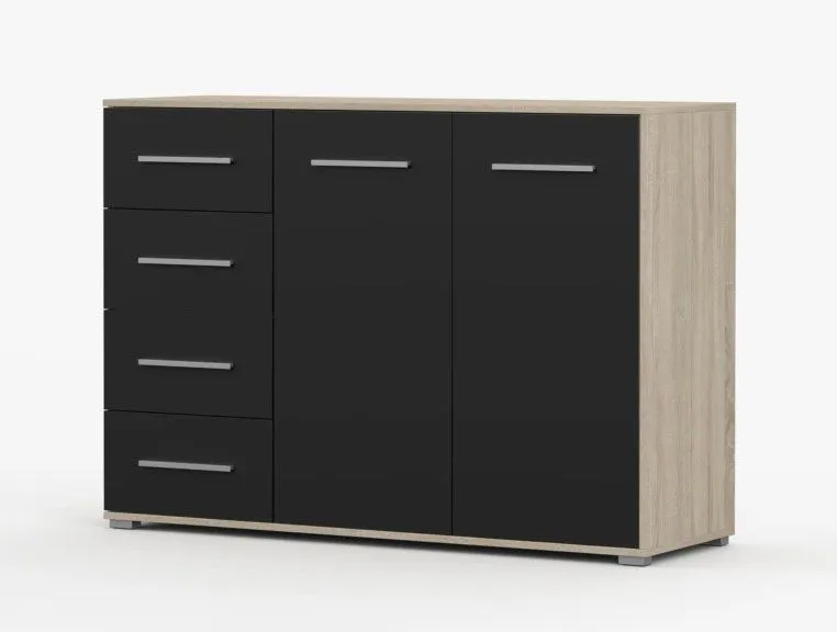 Commode design épuré | Noir & chêne Sonoma | Comarca 20 | 96 x 135 x 45 cm | 2 portes, 4 tiroirs, 3 compartiments | Buffet élégant