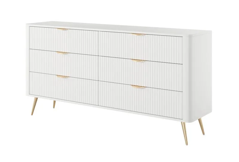 Commode / 6 tiroirs / Blanc / Dimensions : 81 x 163 x 38 cm / Buffet allongé / Poignées et pieds : Métal / Design moderne à lamelles / Pour le salon