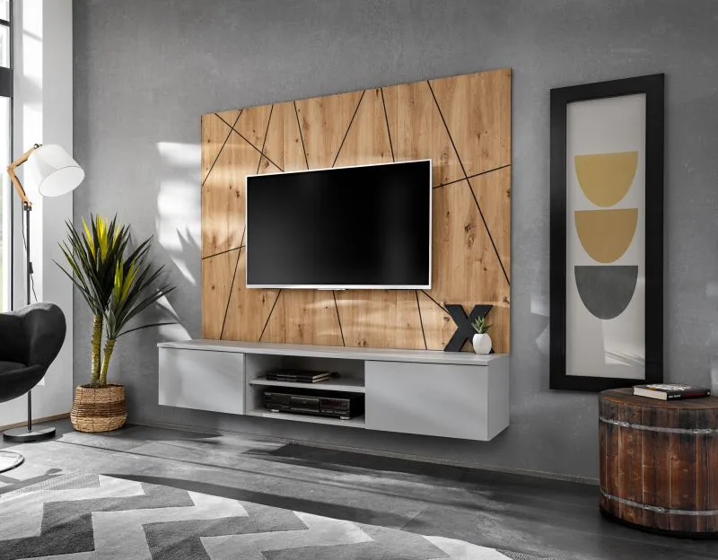 Meuble-paroi / Fonction push-to-open / Design moderne / Couleur : Gris Perla / Chêne Artisan / Dimensions : 160 x 35 x 148 cm / Pour salon