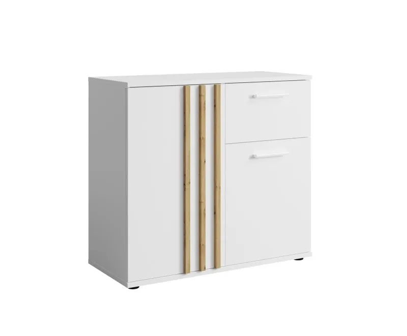 Commode étroite 1 tiroir, 2 portes, 3 compartiments | Blanc / Chêne Artisan | 73 x 80 x 35 cm | Design moderne