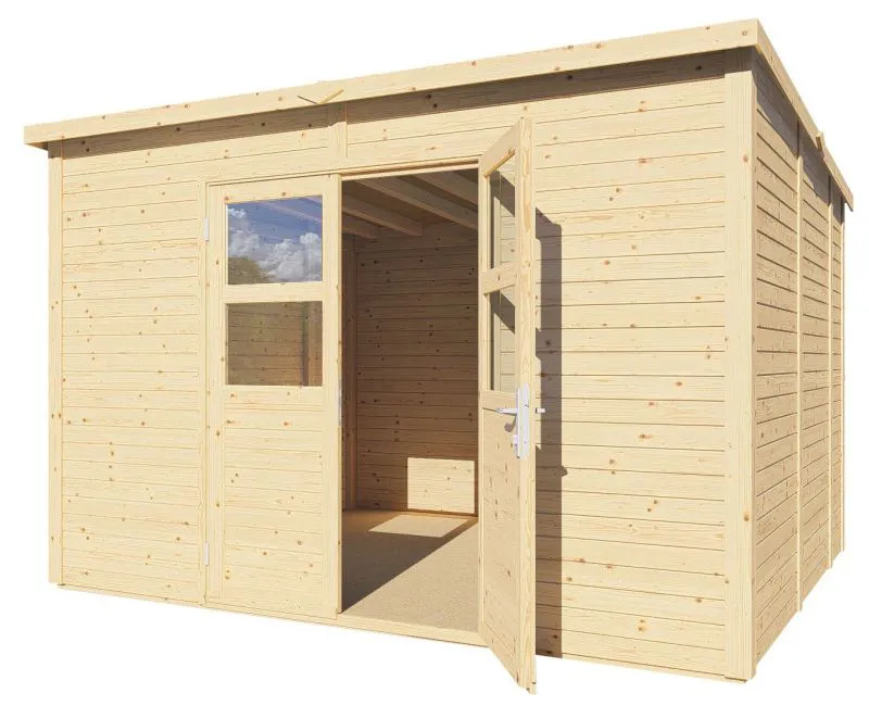 Abri de jardin à toit plat en bois avec plancher, naturel, Cabane de jardin en éléments, 3,37 x 2,90 mètres, double porte avec verre de sécurité