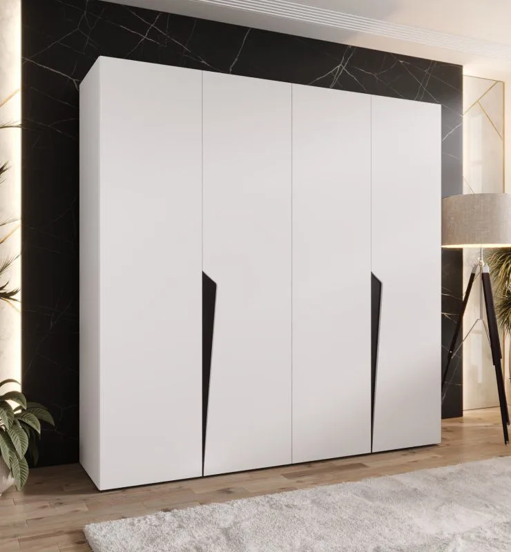Armoire à portes battantes / 4 portes / Couleur : Blanc / 2 compartiments / Fonction Soft-Close / 2 tringles à vêtements / Poignées : Noir / Dimensions : 200 x 52 x 202 cm / Penderie / Chants ABS