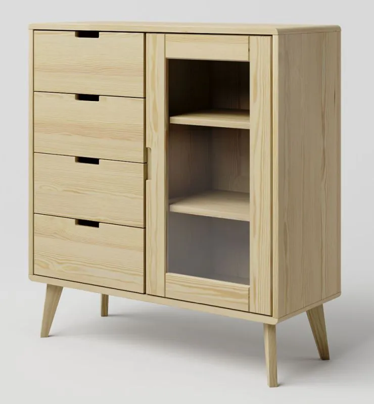 Vitrine en pin massif naturel Aurornis 17 | 104 x 96 x 40 cm | 4 tiroirs, 2 étagères, porte vitrée