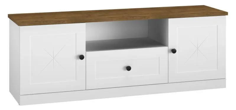 Meuble TV bas Oulainen 09 | Blanc et chêne | 55 x 150 x 40 cm | 2 portes, 1 tiroir, 3 compartiments