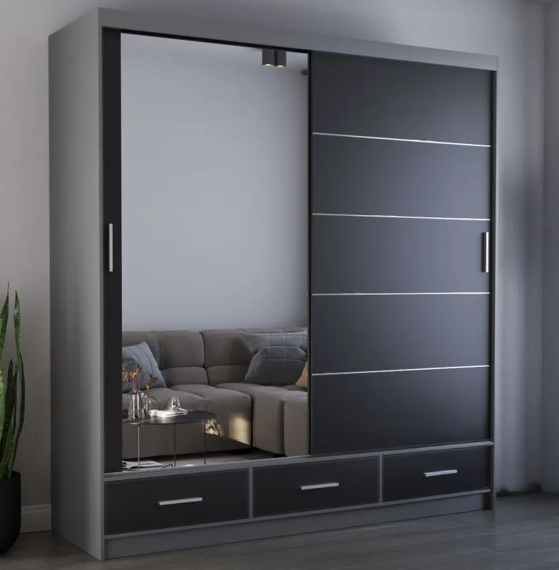 Armoire penderie portes coulissantes avec miroir | Noir & Gris | Lusatian 25 | 218 x 203 x 61 cm | 3 tiroirs, 12 compartiments