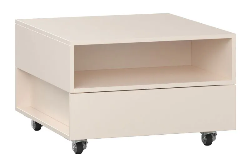 Table basse sur quatre roulettes / 1 compartiment ouvert / 1 tiroir / Couleur : Beige / Fonction Soft-Close / Fonction Push-to-open / Pour le salon