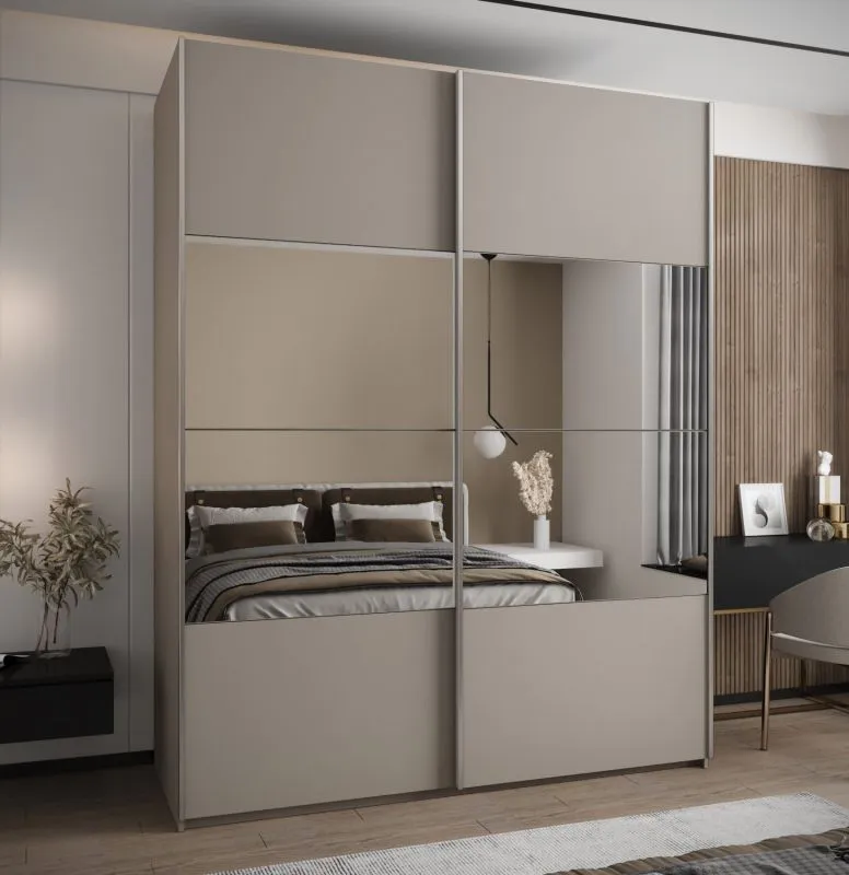 Penderie / Armoire à portes coulissantes / 11 compartiments / 2 portes coulissantes / 245,5 x 190 x 64 cm / Miroir / Soft-Close / 2 tringles à vêtements / Couleur : Cachemire