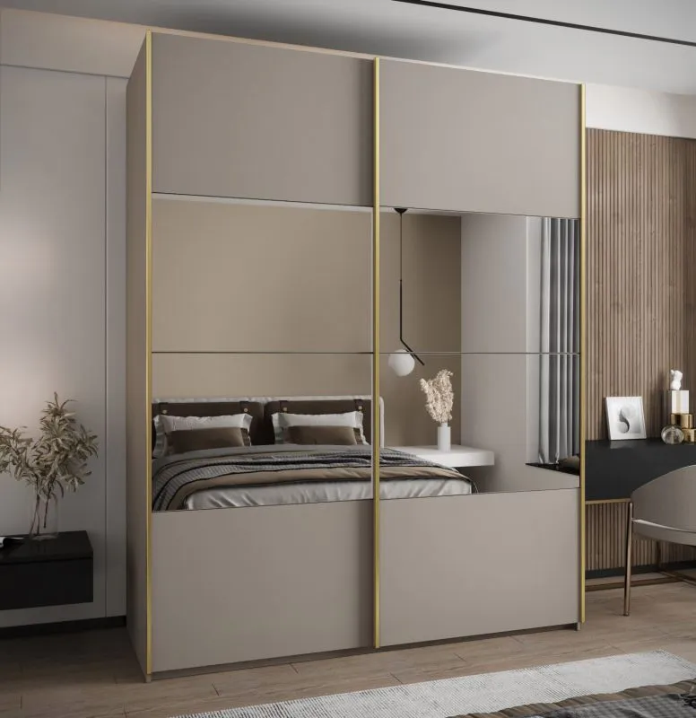 Penderie / Armoire à portes coulissantes / 245,5 x 200 x 64 cm / 2 portes coulissantes / 2 tringles à vêtements / 11 compartiments / Miroir / Soft-Close / Couleur : Cachemire