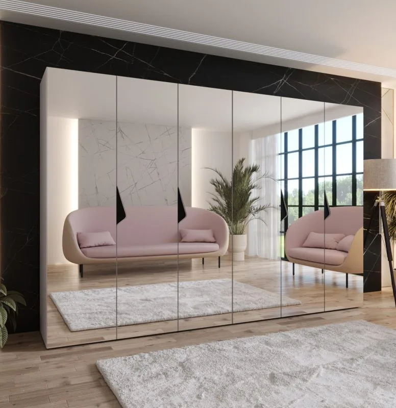 Armoire à portes battantes / Couleur : Cachemire / 3 mètres de large / Poignées : Noir / Armoire de chambre à coucher avec miroir / 4 tringles à vêtements / Soft-Close / Dimensions : 300 x 52 x 202 cm / 4 compartiments
