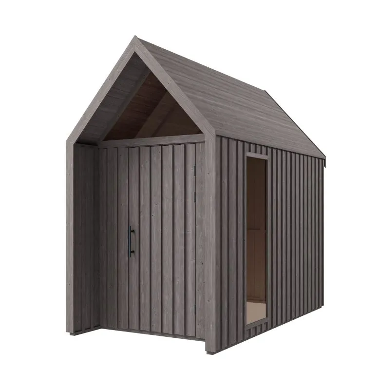 Abri de jardin gris-marron / Fenêtre triangulaire / Gris-marron / Surface au sol : 4,64 m² / Style scandinave / Malmö 23 / Toit à deux versants / Dimensions extérieures : 162,4 x 285,7 cm