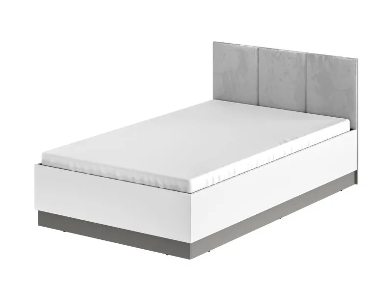 Lit simple Vibank 05 blanc mat et gris | 120 x 200 cm | Sommier relevable | Tête de lit rembourrée