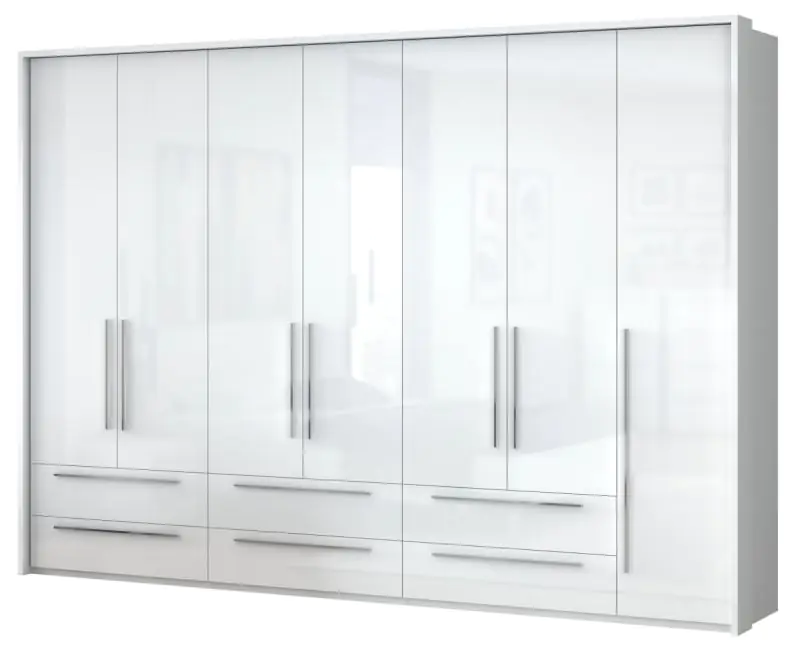 Armoire à portes battantes / armoire avec cadre LED Siumu 39, Couleur : Blanc / Blanc brillant - 226 x 322 x 60 cm (H x L x P)
