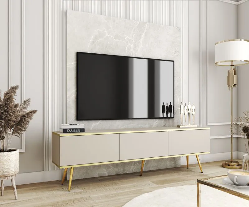 Meuble TV suspendu moderne Horsham 53 | Beige élégant | Push-to-open | 3 compartiments | Protection ABS