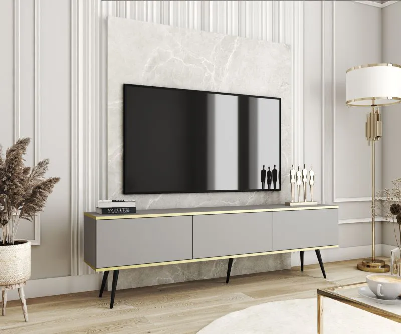 Meuble TV long Horsham 36 gris | 3 abattants | Push-to-open | Suspendu ou sur pieds noirs | 175 cm