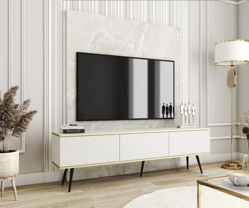 Meuble TV grand format blanc | 3 compartiments à clapet | Pieds noirs | Montage suspendu | 53 x 175 x 32 cm | Push-to-open