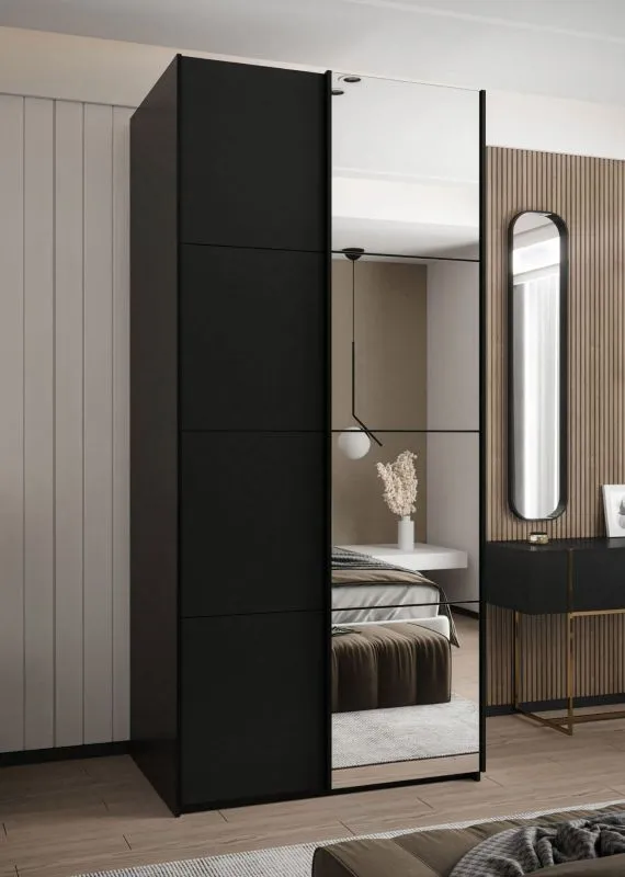 Penderie / Armoire à portes coulissantes / 245,5 x 100 x 64 cm / Couleur : Noir / Miroir / Soft-Close / 2 Barres de penderie / 2 Portes coulissantes / Miroir