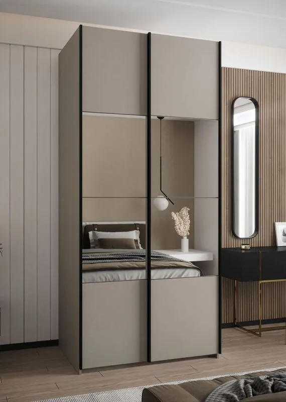 Penderie / Armoire à portes coulissantes / Couleur : Cachemire / Miroir / 245,5 x 100 x 64 cm / Soft-Close / 2 tringles à vêtements / 2 portes coulissantes / 6 compartiments