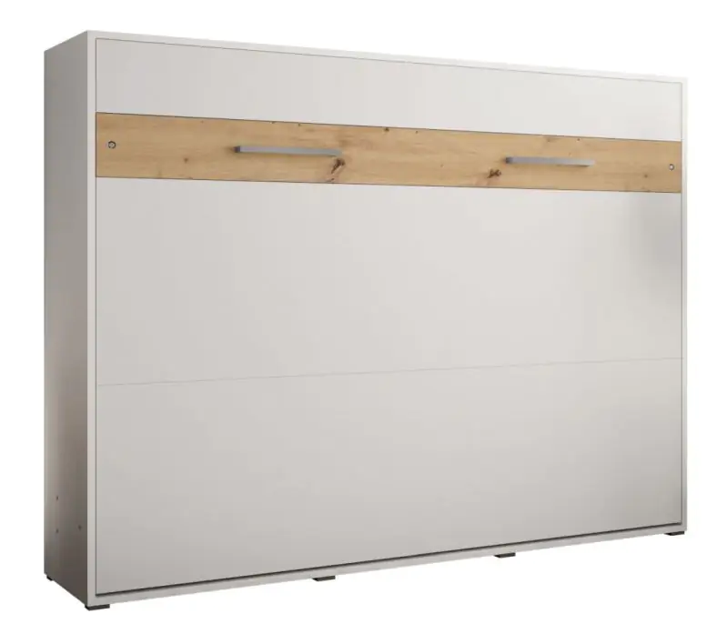 Lit escamotable Namsan 04 horizontal, Couleur : Blanc mat / Chêne Artisan - Surface de couchage : 160 x 200 cm (l x L)