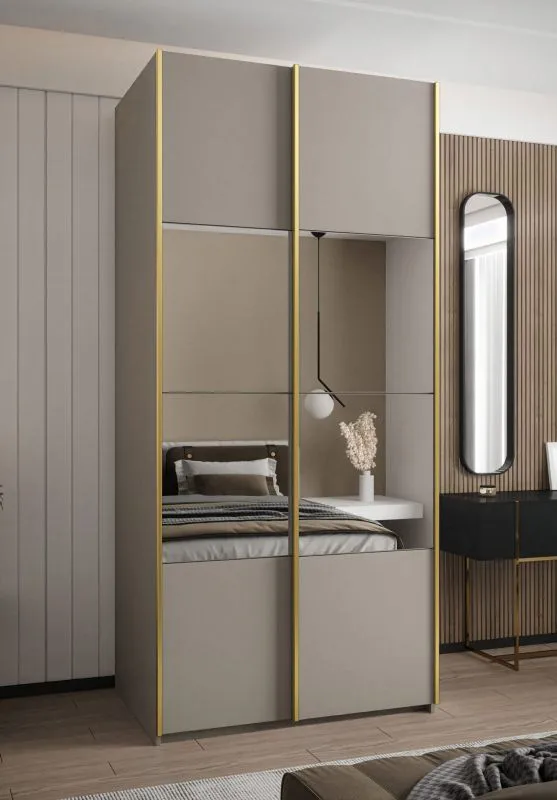 Penderie / Armoire à portes coulissantes / 2 portes coulissantes / 245,5 x 110 x 64 cm / Soft-Close / Miroir / 6 compartiments / 2 tringles à vêtements / Couleur : Cachemire