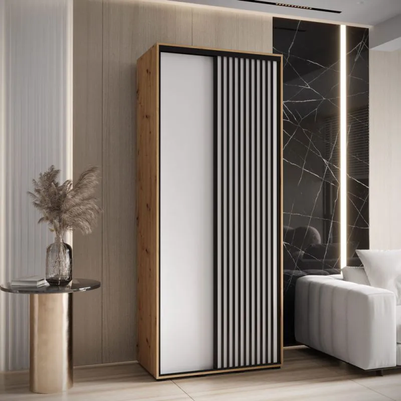 Armoire à portes coulissantes Mina de 1 mètre de large, en blanc/chêne, avec brosses anti-poussière, poignées métalliques noires, façade en panneau stratifié, robuste