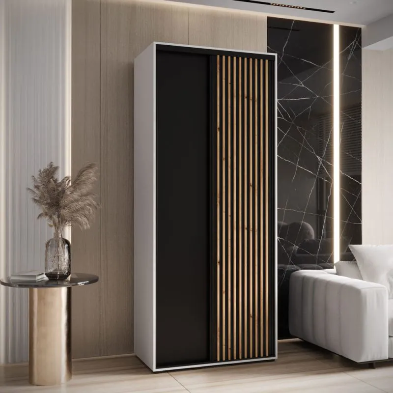 Armoire portes coulissantes noir/blanc 235,2 x 120 x 45 cm | Nombreux compartiments | Poignées métalliques noires | Style moderne