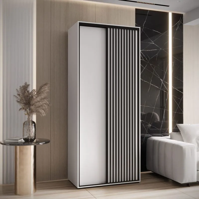 Armoire blanche à portes coulissantes Tharo, poignée en métal noir, gain de place, grand espace de rangement, 235,2x120x45 cm, idéale pour le salon