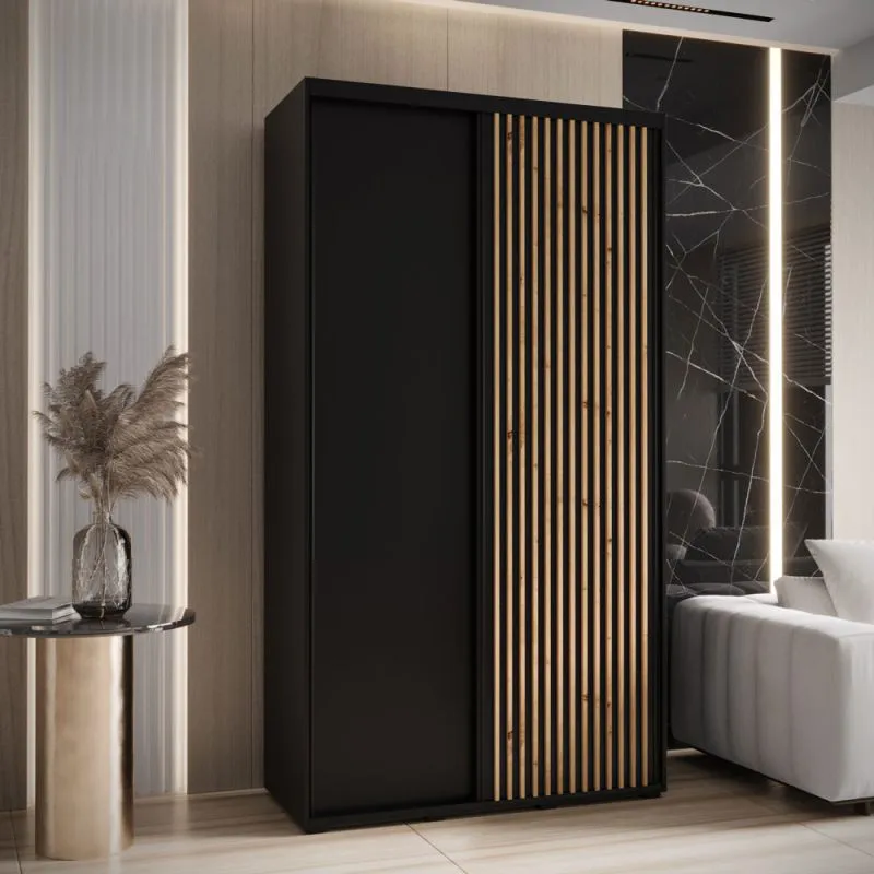 Armoire noire Tharo à portes coulissantes | Poignées métalliques | Grand espace de rangement | 235,2 x 140 x 45 cm