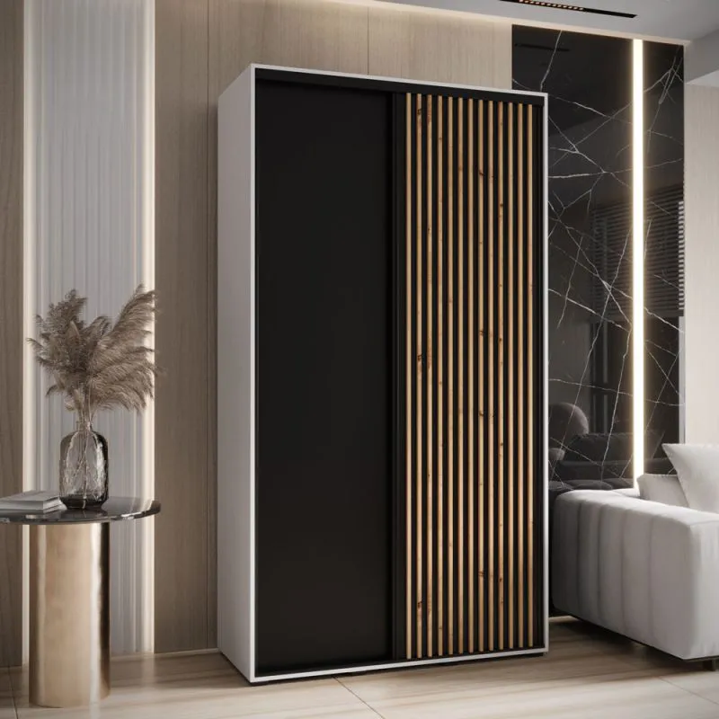 Armoire Mina blanc/chêne | Portes coulissantes | Grand espace de rangement | Poignées métal noires | 235,2 x 140 x 60 cm