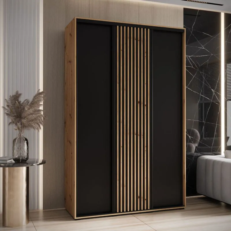 Armoire à portes coulissantes Tharo | Chêne/Noir | 235,2 x 150 x 45 cm | Grand espace de rangement | Idéale salon
