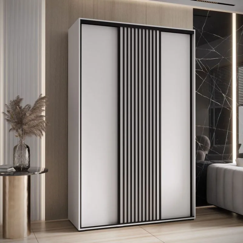 Armoire à portes coulissantes blanche Tharo | Poignée en métal noir | Grand espace de rangement | 235,2 x 150 x 45 cm | Gain de place