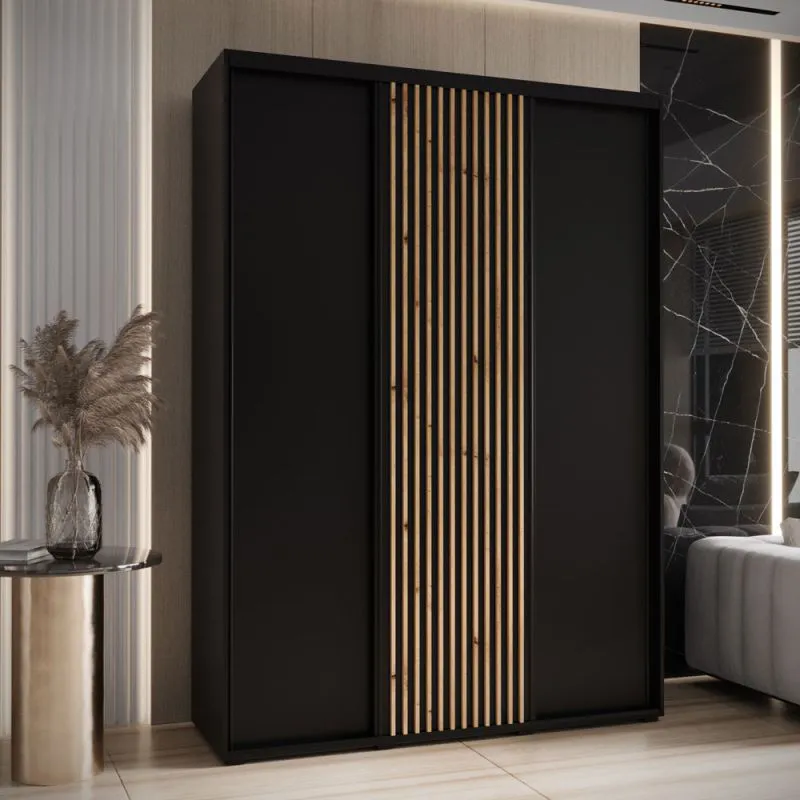 Armoire Mina noire à portes coulissantes, lattes chêne naturel, poignée en acier, grand espace de rangement, 235,2x170x60 cm, gain de place