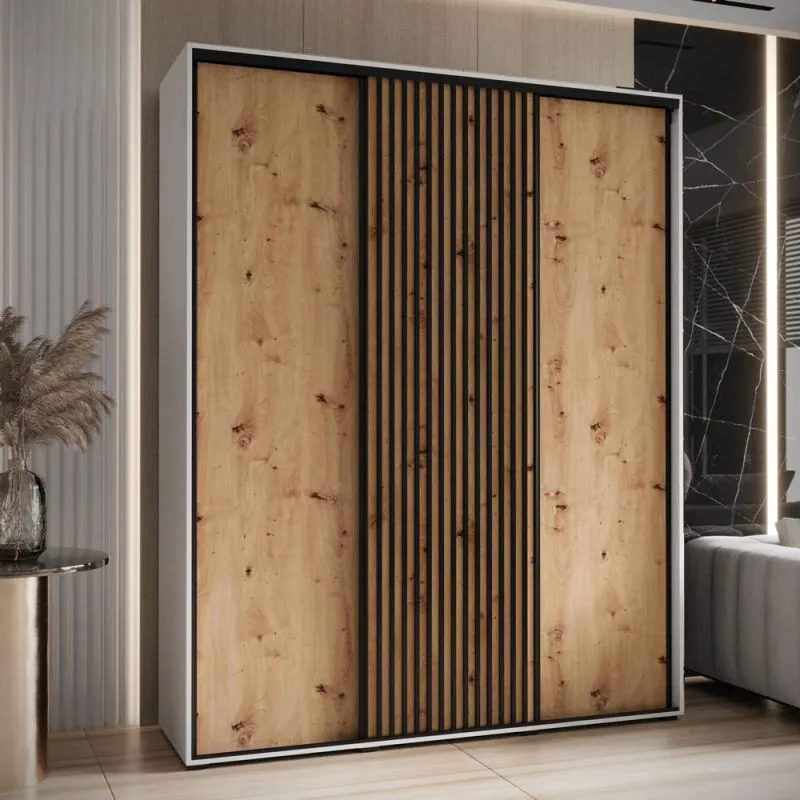 Armoire penderie Tharo portes coulissantes | Blanc/Chêne | Anti-poussière | Gain de place | 235,2 x 190 x 45 cm