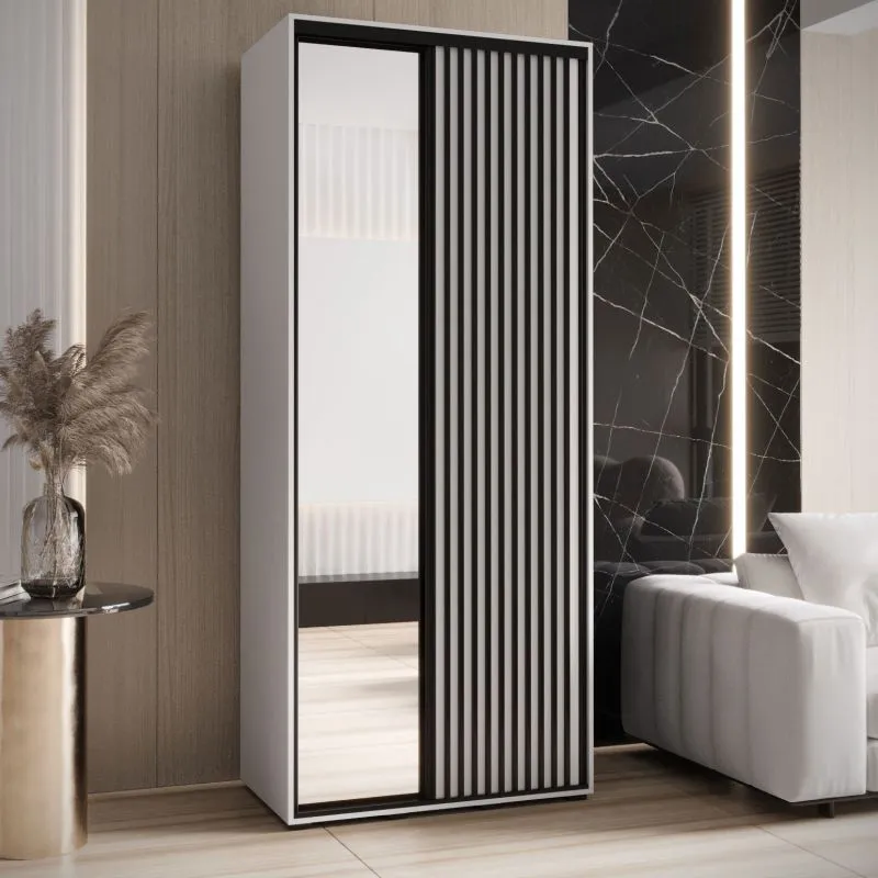 Armoire à portes coulissantes Mina blanc | Grand miroir | Poignées en métal noir | Anti-poussière | 235,2 x 100 x 60 cm
