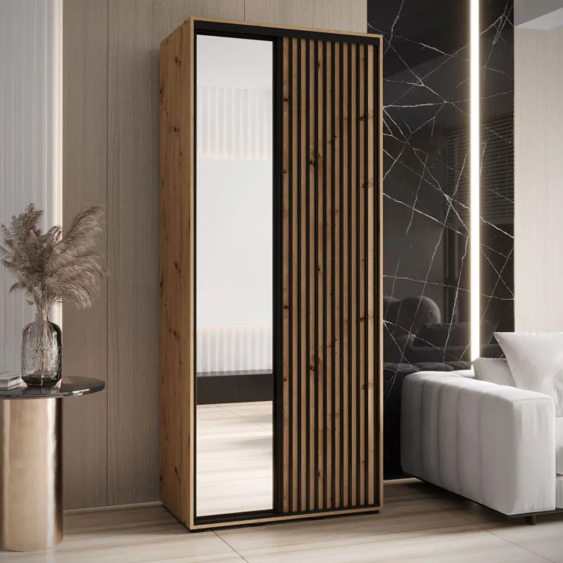 Armoire miroir Mina chêne avec portes coulissantes | Brosses anti-poussière | Poignée métal noir | 235,2 x 110 x 60 cm