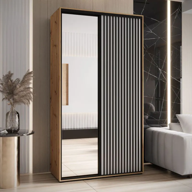 Armoire à portes coulissantes Mina avec miroir | Chêne/Blanc | 235,2 x 130 x 60 cm | Poignées en métal noir | Anti-poussière