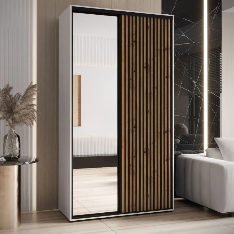 Armoire à portes coulissantes Mina avec miroir | Blanc & chêne | Pour salon | Poignées en métal noir | 235,2 x 130 x 60 cm