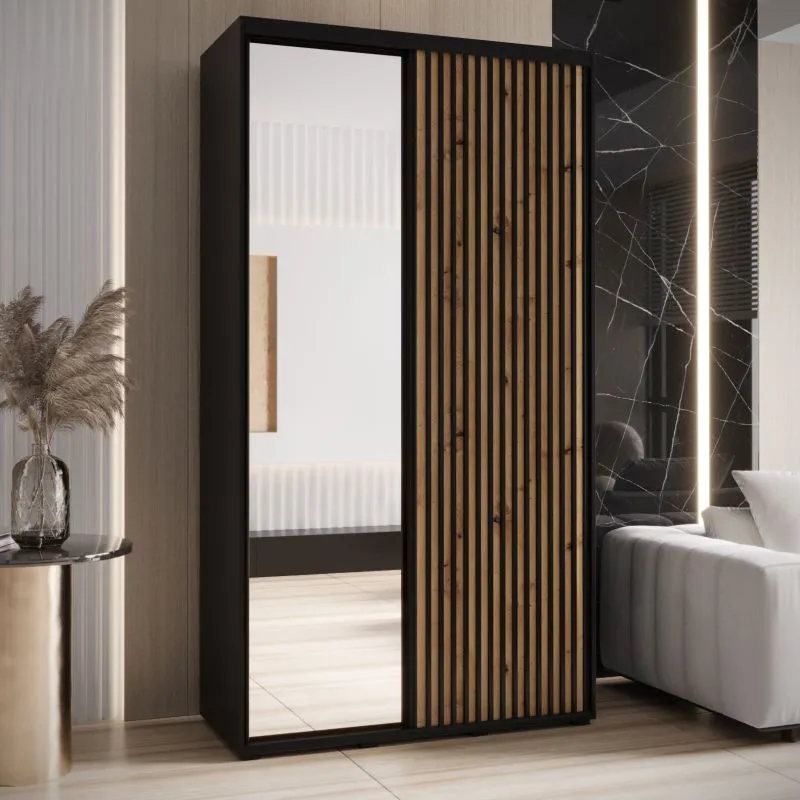 Armoire à portes coulissantes Mina noir et chêne | Grand miroir | Rangement spacieux | Poignées en métal noir | 140 cm