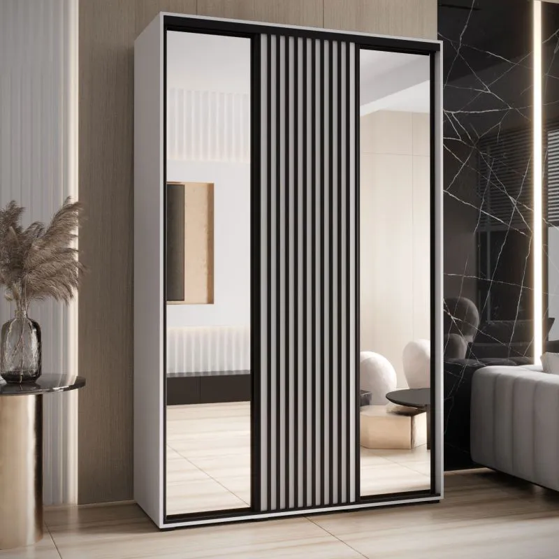 Armoire Mina portes miroir | Poignée noire métal | Gain de place | Grand espace rangement | 235,2 x 150 x 60 cm | Robuste
