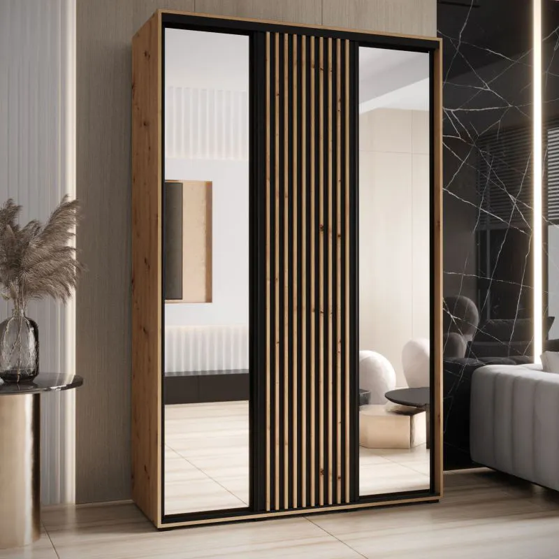 Armoire à portes coulissantes Mina avec miroirs | Finition chêne et noir | Poignée en métal | 235,2 x 160 x 60 cm | Adaptée au salon