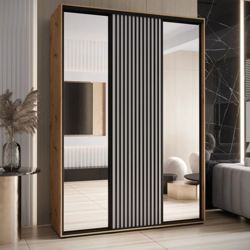 Armoire avec miroirs Mina | Chêne/Blanc | Poignées en métal noir | 235,2 x 180 x 60 cm | Idéale salon ou chambre
