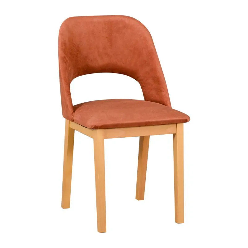 Chaise Riga rembourrée en pêche / orange, rembourrage en mousse T-25, hauteur d'assise de 47 cm, construction en hêtre, couleur bois de chêne, chaise de salle à manger classique