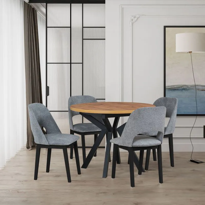 Ensemble salle à manger 5 pièces | Table ronde bois noir/chêne & métal | 4 fauteuils gris rembourrés