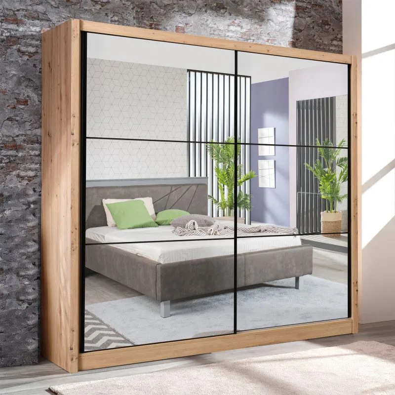 Armoire à portes coulissantes miroir | 2 portes | Chêne Artisan | 215,5 x 213 x 60 cm | 6 compartiments