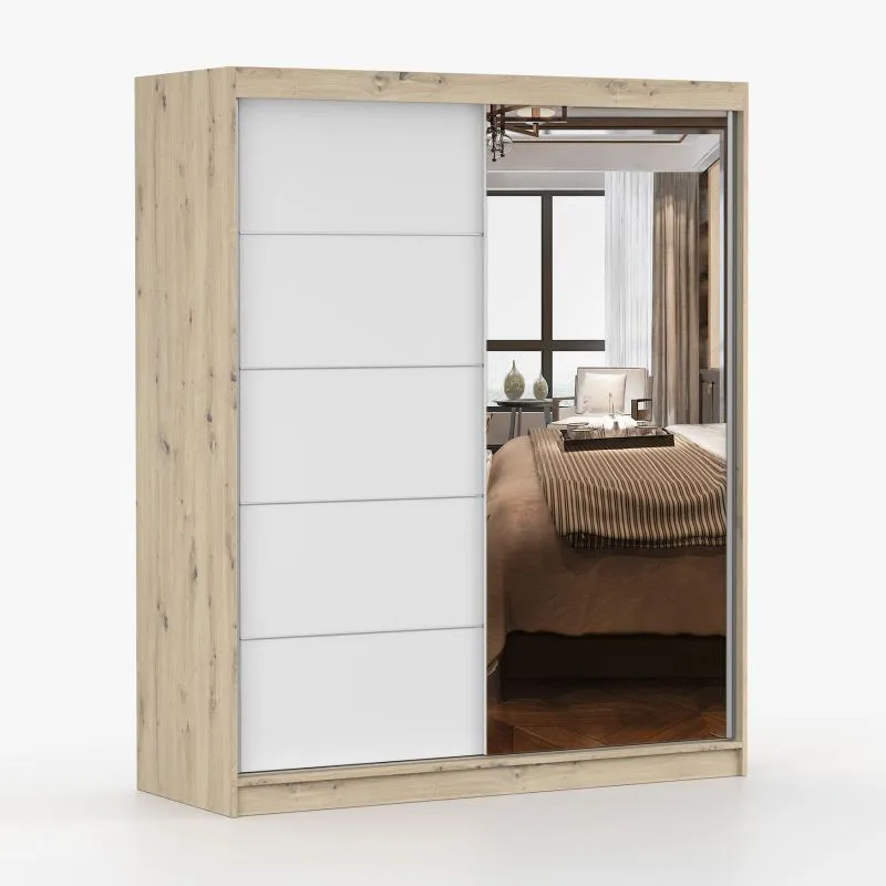 Armoire penderie coulissante 160 cm | Galtee 05 | Blanc / Bois naturel | Miroir | 6 compartiments | 2 portes | 195 x 160 x 61 cm | Effet bois