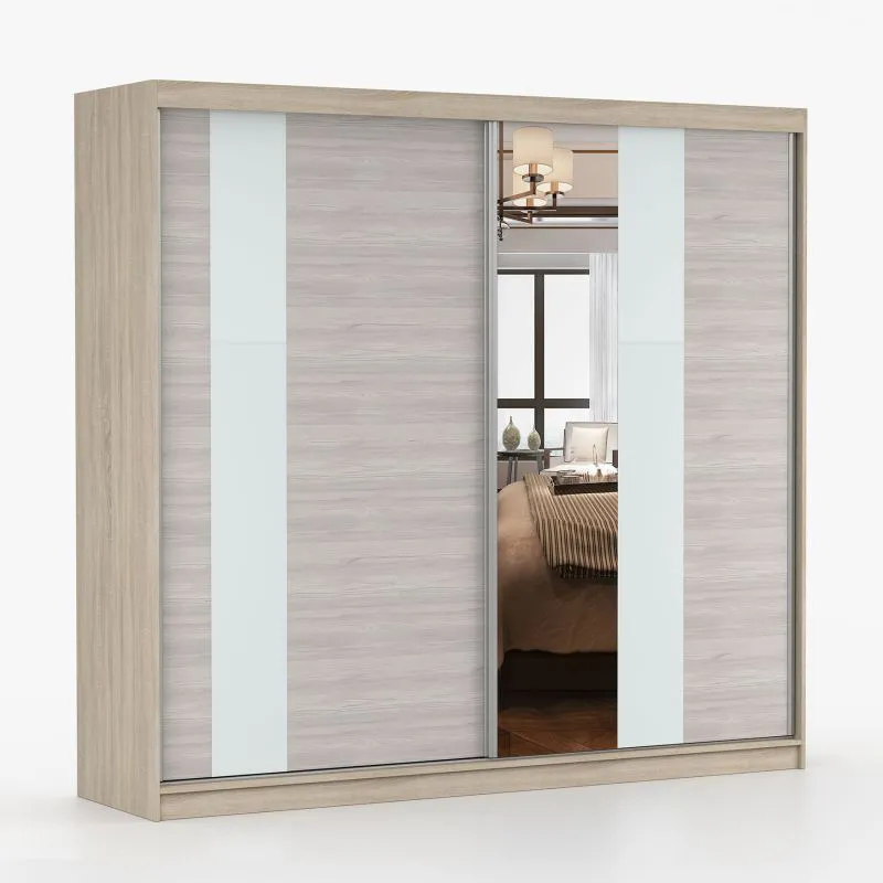 Armoire penderie coulissante 2,3 m avec miroir | Gris-blanc & chêne | Gorski 60 | 218 x 233 x 61 cm | 2 portes, 12 compartiments