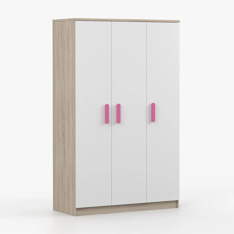 Armoire penderie Smolikas 101 | 3 portes | Blanc & chêne Sonoma | 9 compartiments | Poignées bois | 192 x 120 x 50 cm