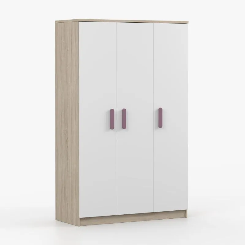 Armoire penderie 3 portes Smolikas 105 | 192 x 120 x 50 cm | 9 compartiments | Blanc / Chêne Sonoma | Poignées bois