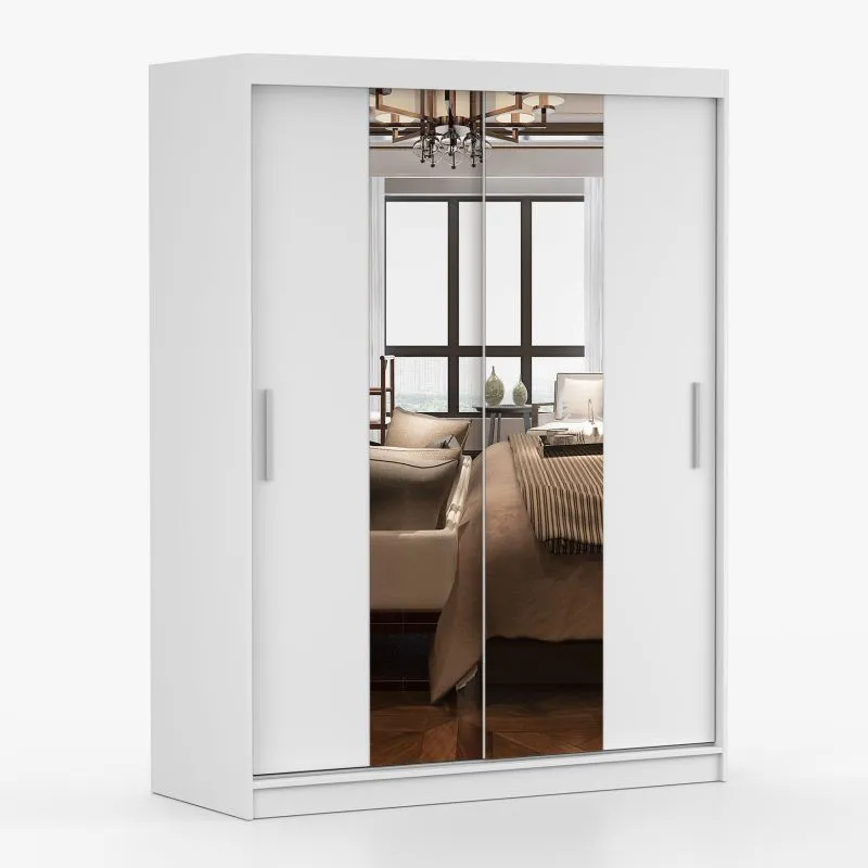 Armoire penderie avec portes coulissantes 1,5 m | Bucegi 01 | blanc | miroir | 2 portes | 6 compartiments | poignées aluminium | 200 x 150 x 61 cm