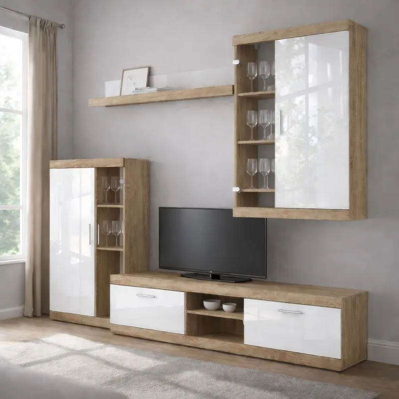Meuble mural Celesco 2 / 4 éléments / Couleur : Sonoma / Blanc brillant / 260 x 42 x 206 cm / Ferrures entièrement en métal