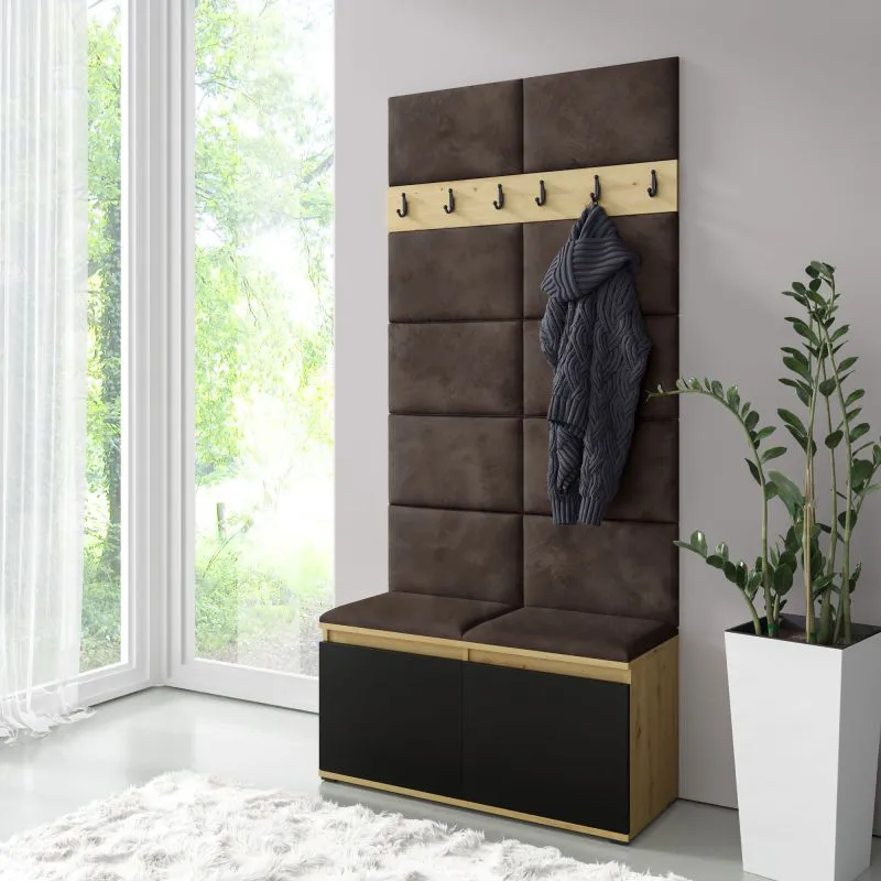 Vestiaire avec banc rembourré | Artisan/Noir/Brun foncé | 215 x 100 x 40 cm | 8 paires de chaussures | 6 patères | 4 compartiments